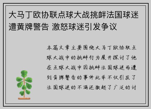 大马丁欧协联点球大战挑衅法国球迷遭黄牌警告 激怒球迷引发争议