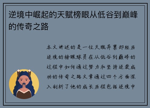 逆境中崛起的天赋榜眼从低谷到巅峰的传奇之路