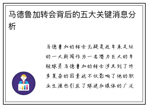 马德鲁加转会背后的五大关键消息分析 马德鲁加转会背后的五大关键消息分析