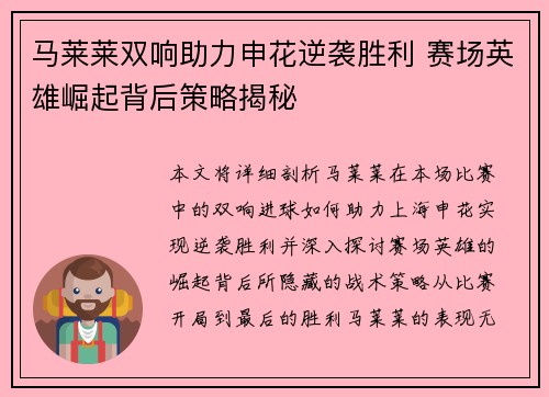 马莱莱双响助力申花逆袭胜利 赛场英雄崛起背后策略揭秘